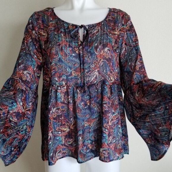 Relativity Black Paisley Gathered Blouse Multi Color 3/4 Bell Sleeve Sz Medium - Picture 2 of 16